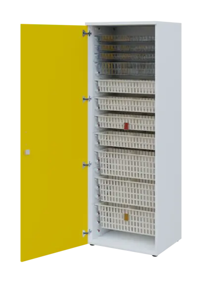 EUROMEDICA D - 66 skříň léková boxová, 1-dveřová, levá, 1950x660x535, korpus bílý, dvířka žlutá odio